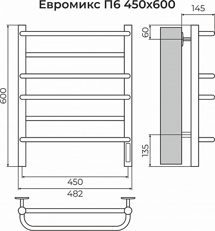 Евромикс П6 450х600 электро КС 9005 матовый ( new встроен диммер) Полотенцесушитель TERMINUS Самара - фото 3